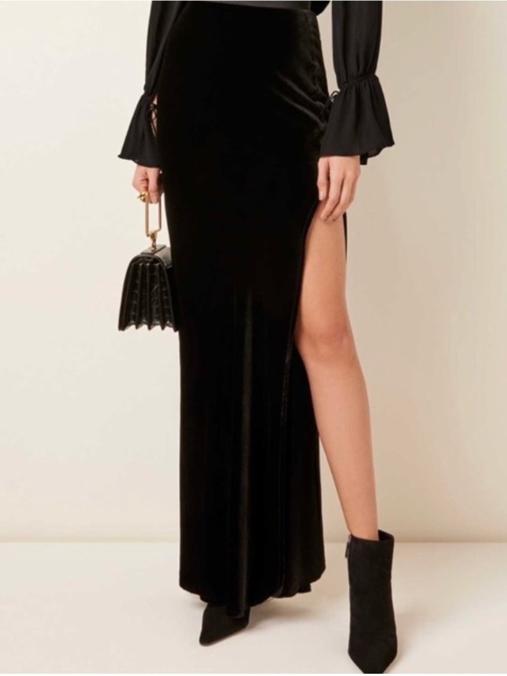 Nili Lotan Black Velvet Column Maxi Skirt with High Side Slit Sz 4
